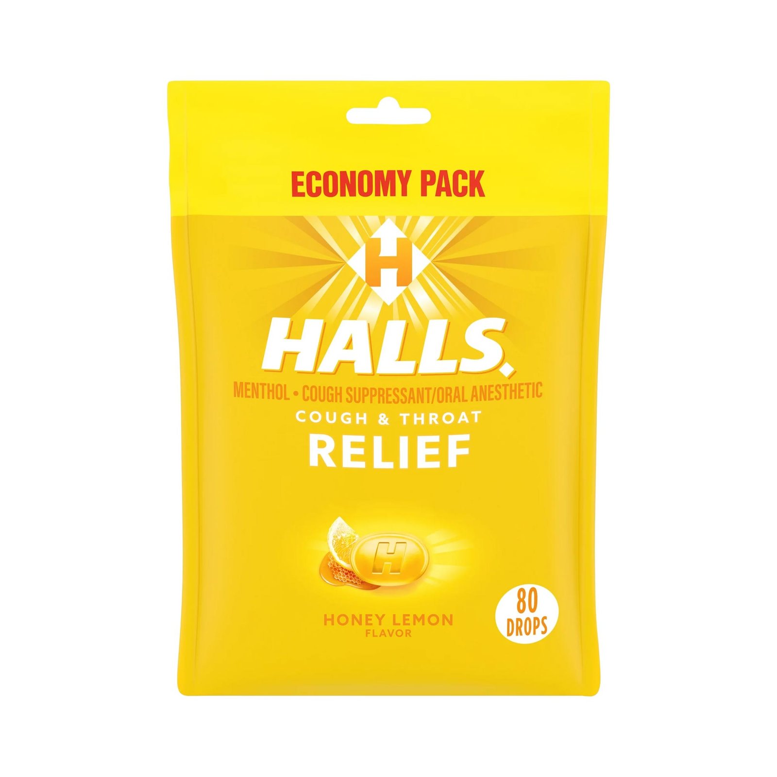 HALLS Relief Honey Lemon Cough Drops, Economy Pack, 80 Drops