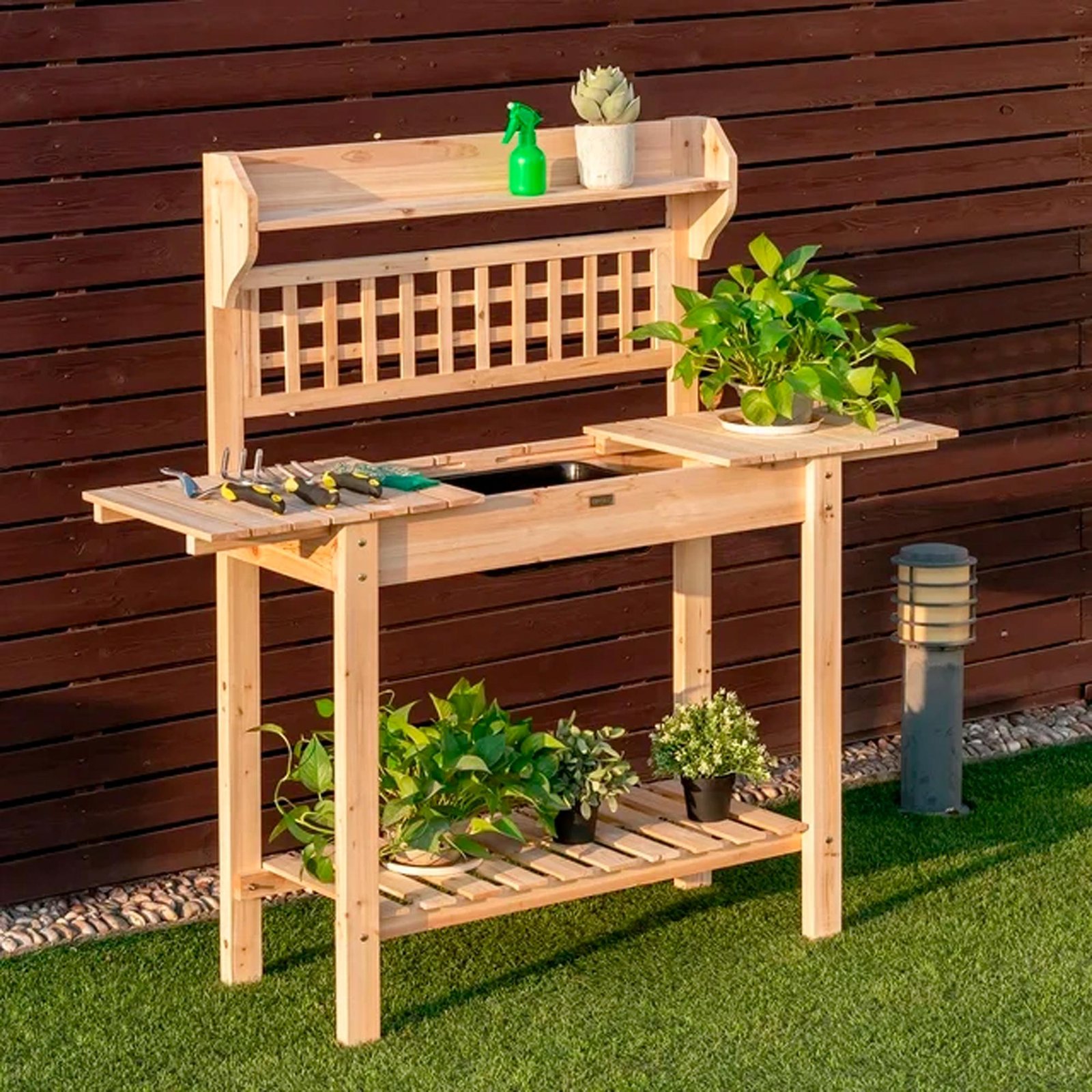 Costway Garden Potting Bench Workstation Table w_Sliding Tabletop Sink Shelves - Image 3